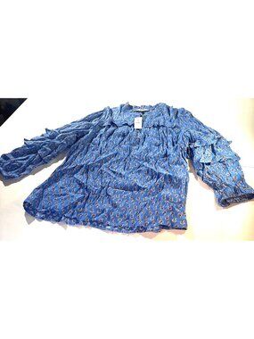 Loft Womens Blue Paisley Button-Front Blouse With Ruffled Long Sleeves - Size M